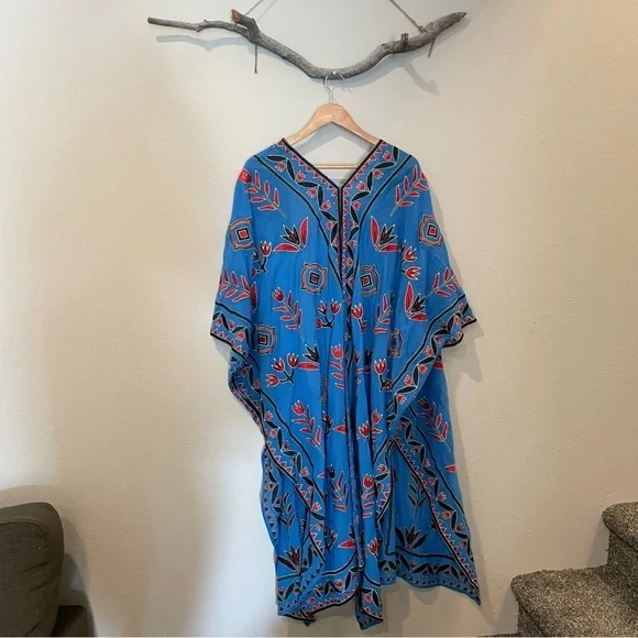 Zara Blue Floral Embroidered Kimono Kaftan - Picture 6 of 9
